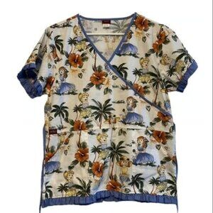 Palm Trees Plumeria Hawaiian Medical Doctor Nurse Hospital Scrub Med EUC #M-014
